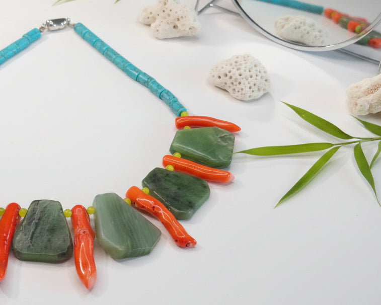 Handmade gemstone necklace with turquoise, green stones, and red coral by Asimico Jewellery