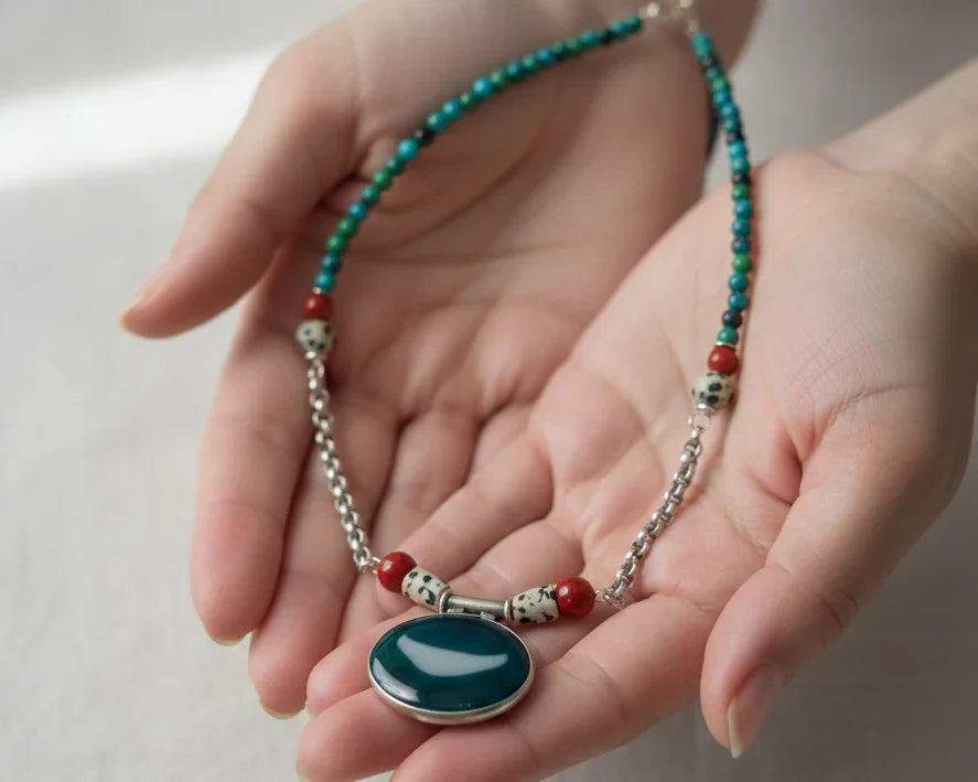 Vintage Green Chalcedony Pendant Necklace for Timeless Elegance - Asimico Handmade Jewellery & Creative Studio