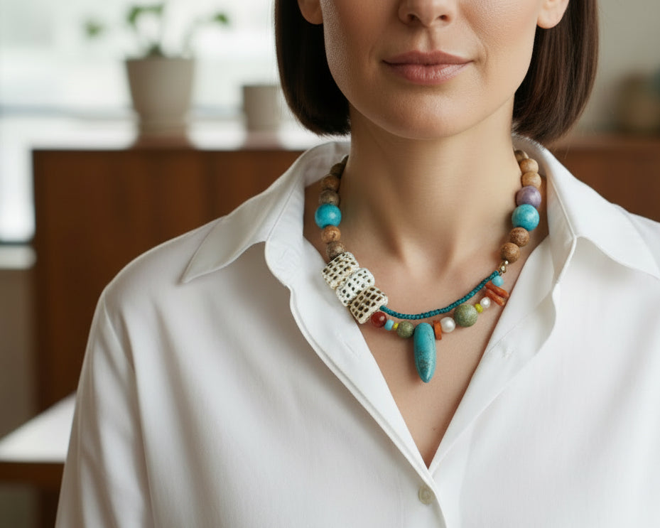 Woman wearing handmade colorful beaded necklace with turquoise stones, Asimico Jewellery
