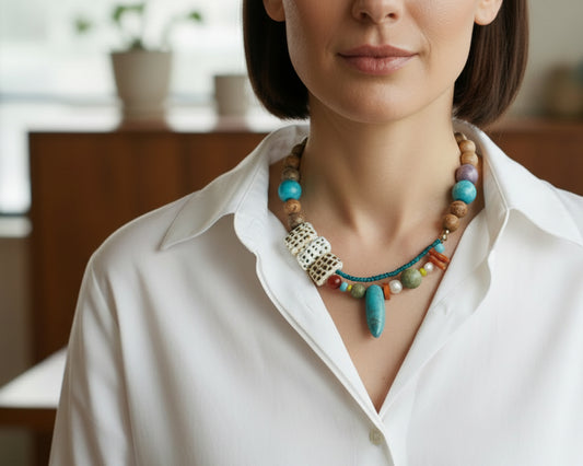 Woman wearing handmade colorful beaded necklace with turquoise stones, Asimico Jewellery