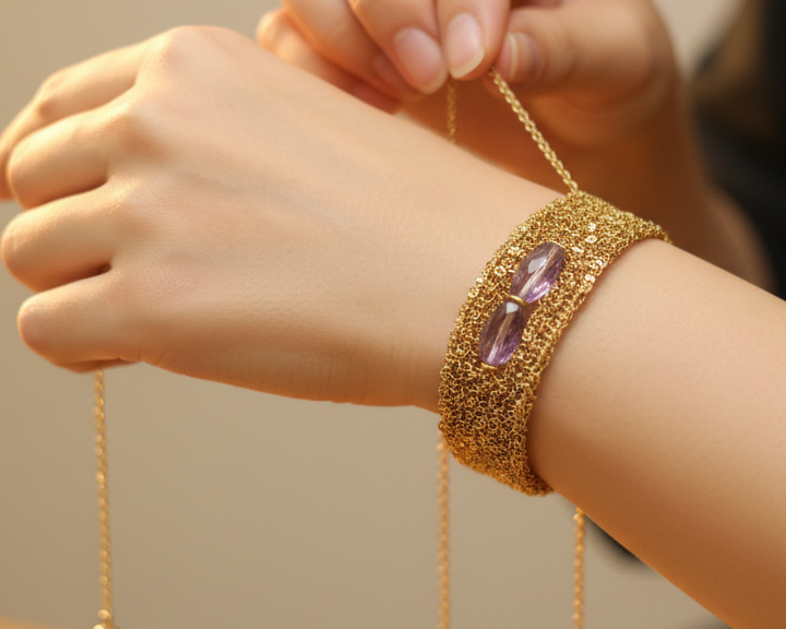 Woven Gold Chain Bracelet Amethyst - Asimico Handmade Jewellery & Creative Studio