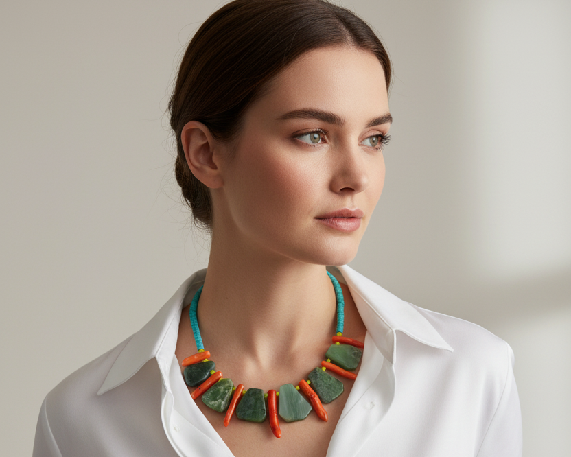 Woman wearing handmade chunky gemstone necklace, Asimico Jewellery, white shirt