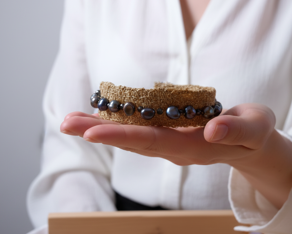 Embroidered gold and grey pearl bracelet Asimico