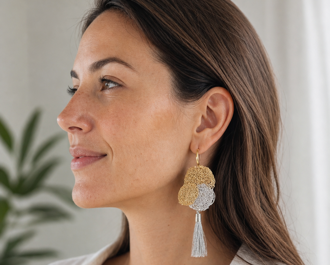 Gold and Silver Embroidered Earrings - Asimico Handmade Jewellery & Creative Studio