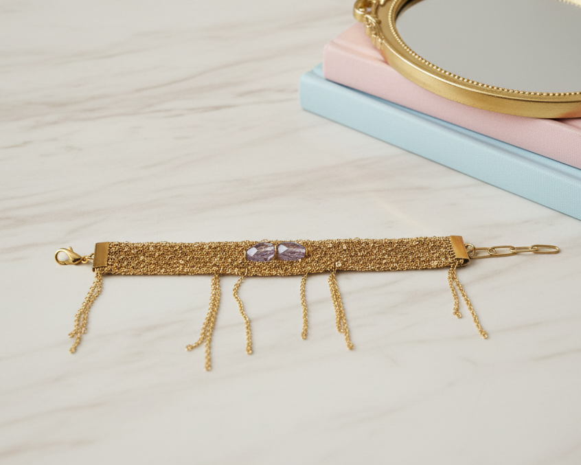 Woven Gold Chain Bracelet Amethyst - Asimico Handmade Jewellery & Creative Studio